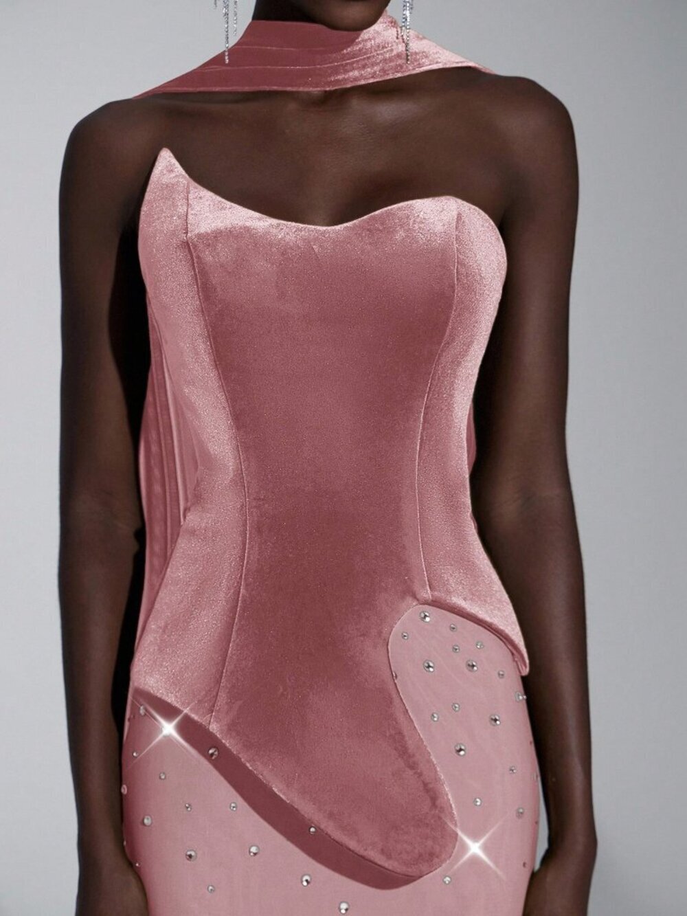 Dusty Pink Velvet Party Women's Fishtail Evening Gown - Picture 6 of 7